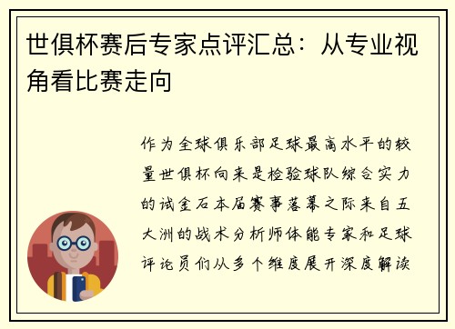 世俱杯赛后专家点评汇总：从专业视角看比赛走向