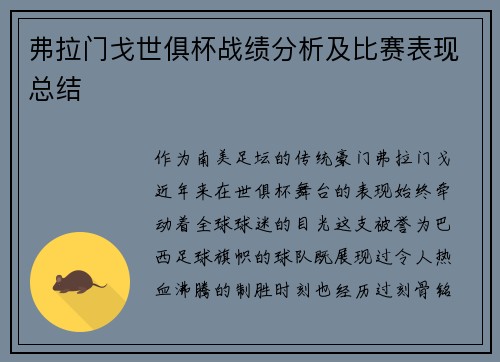 弗拉门戈世俱杯战绩分析及比赛表现总结