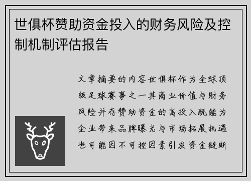 世俱杯赞助资金投入的财务风险及控制机制评估报告