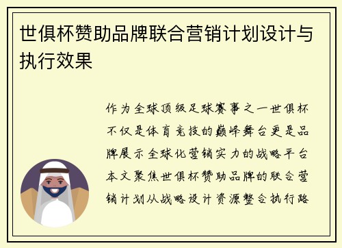 世俱杯赞助品牌联合营销计划设计与执行效果